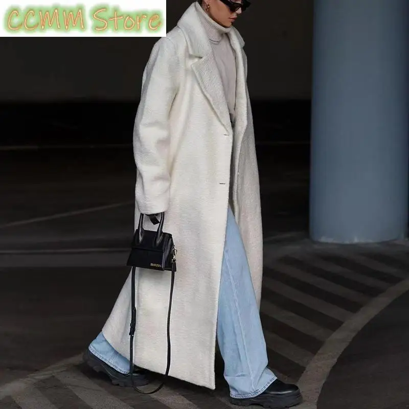 Winter Women Solid Color Commuting Office Overcoat Lady Lapel One-Button Fleece Outerwear Female Casual Single Pocket Long Coats