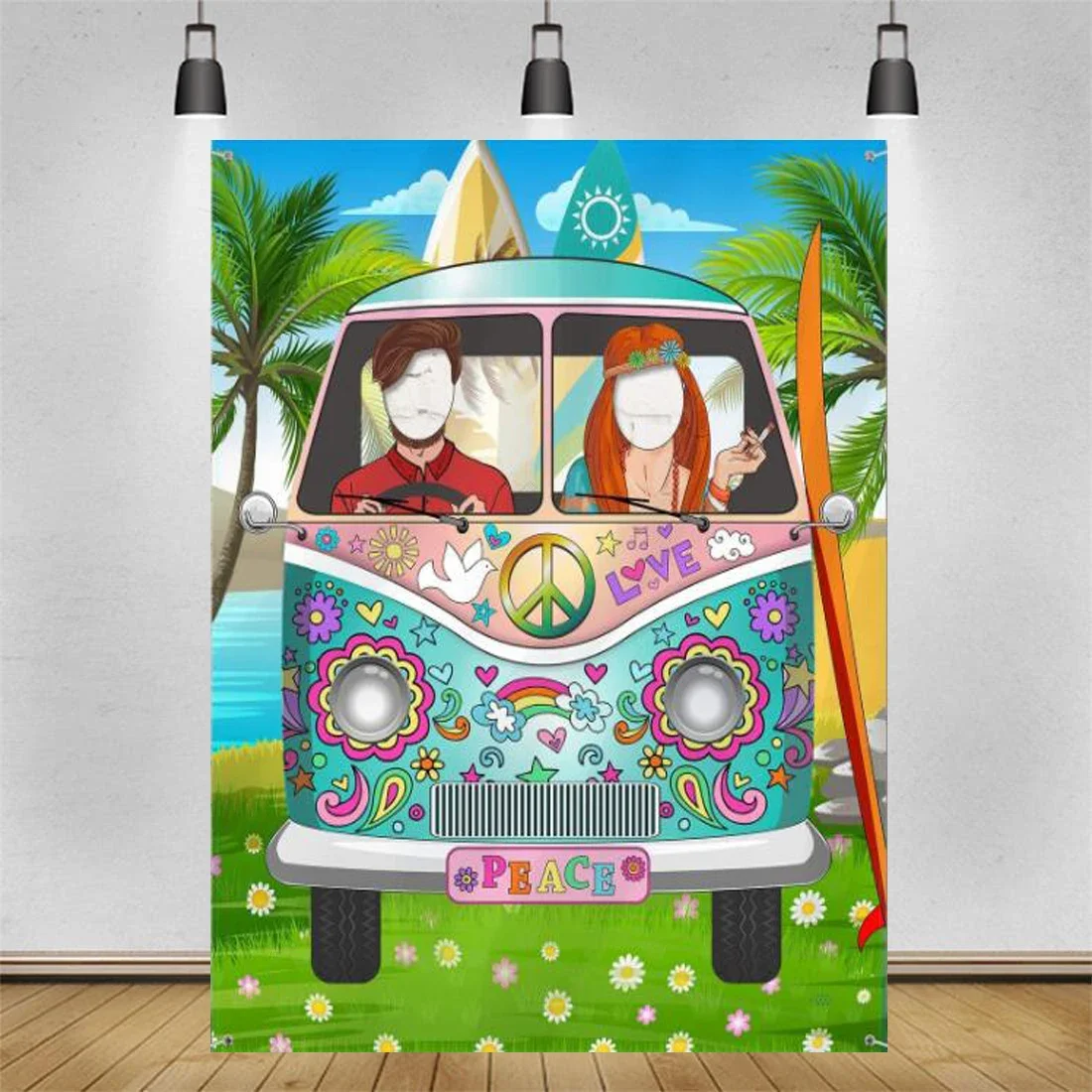 

Hippie Bus Photography Backdrop Photo Door Banner Background Funny Groovy Games Supplies for 60's and 70's Theme Party Decor