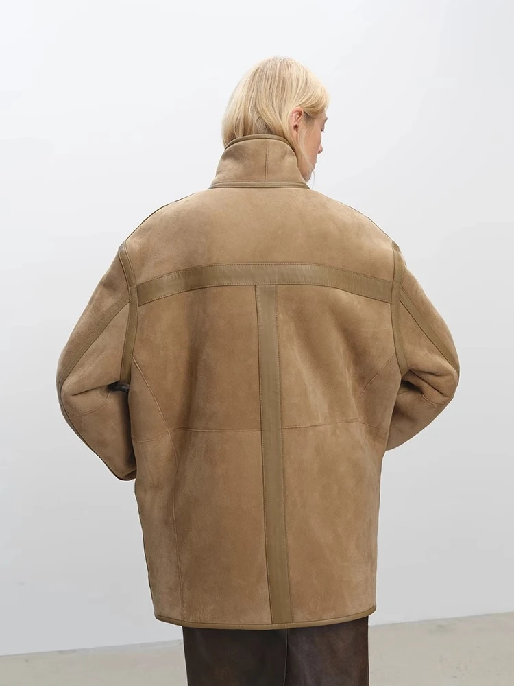 Giacche invernali in pelle scamosciata di pecora merino di lusso di fascia alta da donna Colletto semplice alla coreana Cappotto in vera pelliccia di vera pelle a doppia faccia