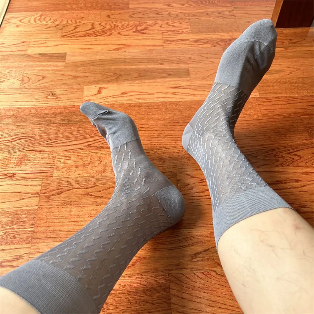 Mens Business Dress Socks Nylon Wave Pattern Breathable Thin Mid Calf Hosiery For Gentleman Office Suits Formal Style
