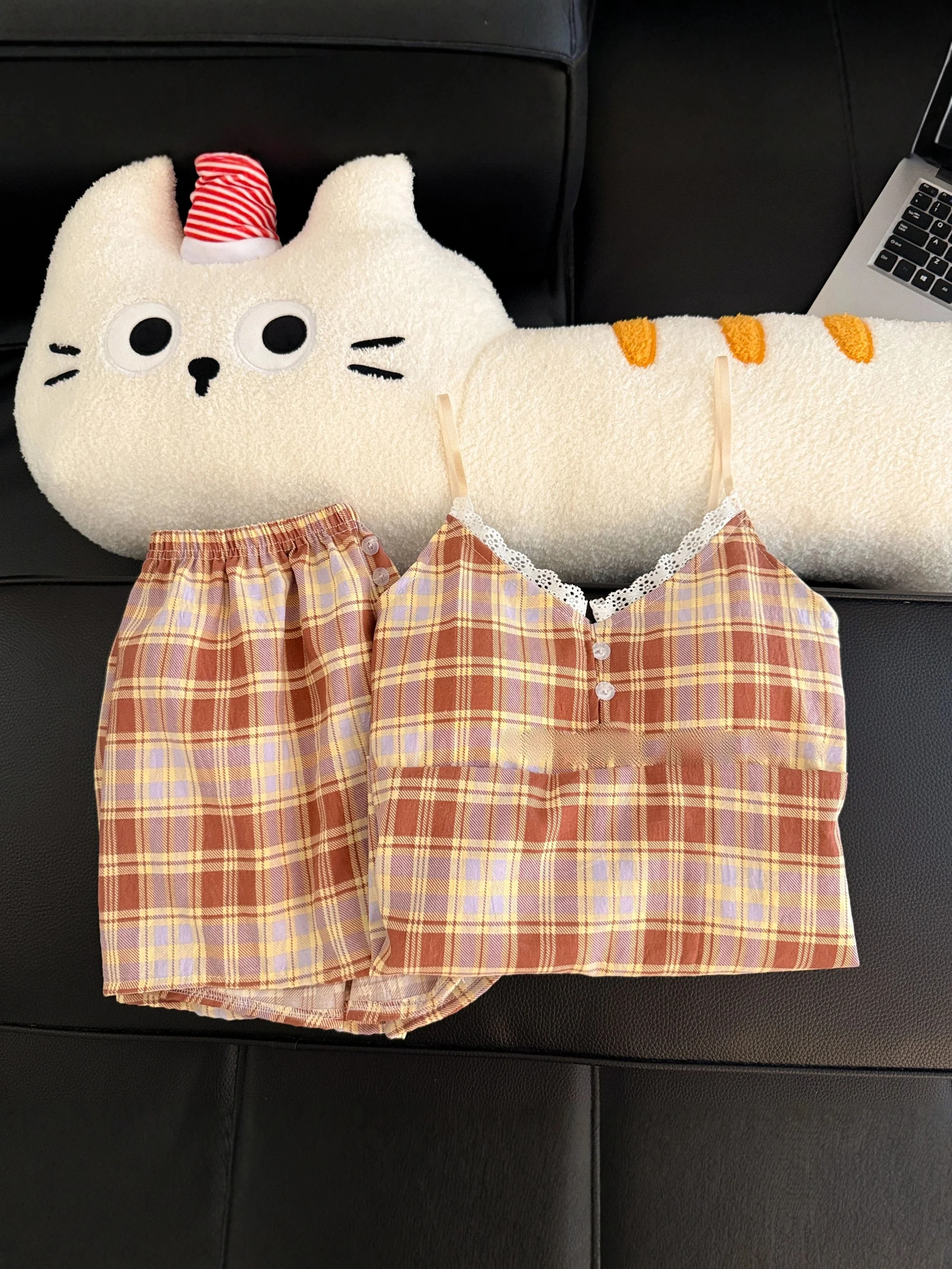 Pure Cotton Sleeveless Vest Home Clothes Set with Chest Pad Summer Sweet Cute Plaid Sleepwear Women's Short Pants Briefs