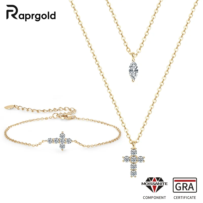 

RAPRGOLD GRA сертифицированный муассанит крест кулон ожерелье браслет набор для женщин стерлингового серебра S925 двойные цепочки ювелирные изделия подарки
