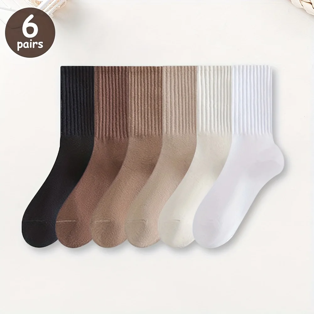 

6/12/18/24 Pairs Women's Mid-Calf Socks - Solid Color Vertical Stripes, Comfortable Absorbent, Machine Washable Casual Style