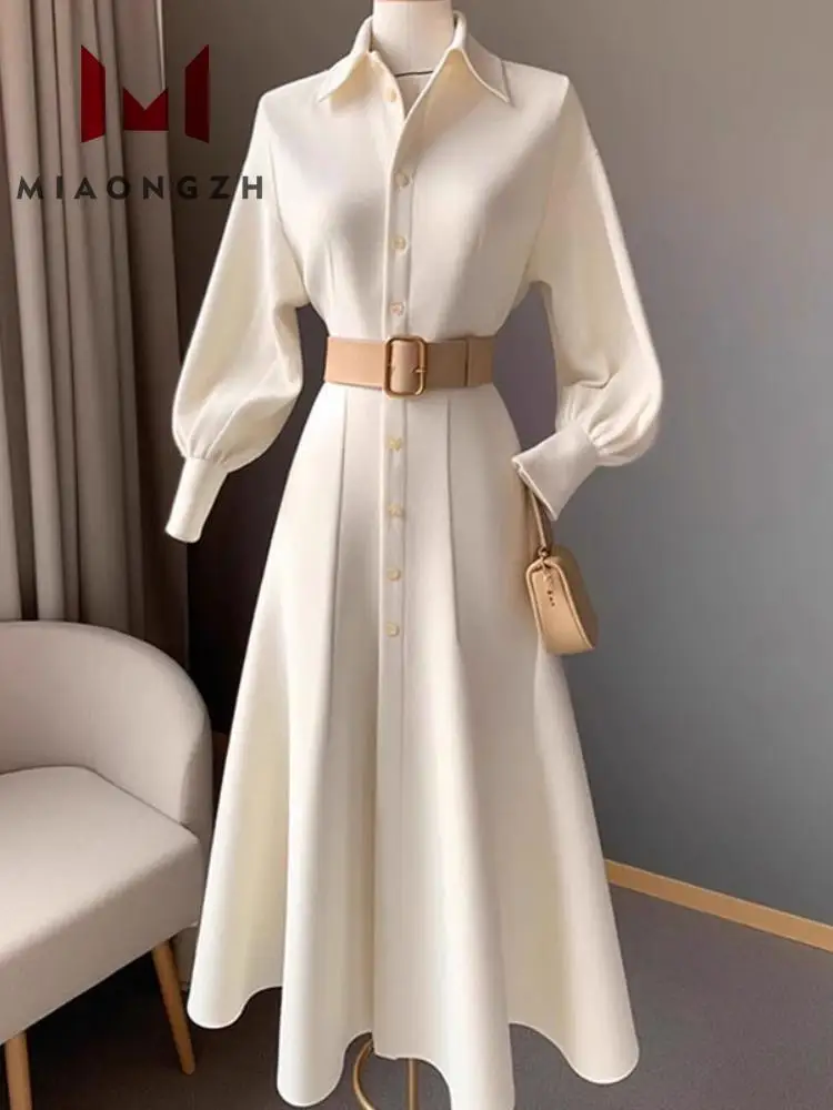 White Luxury Formal Dresses Women\'s Turn Down Collar Long Sleeve Single Breasted Slimming 2024 Summer New Party Shirt Dress Chic