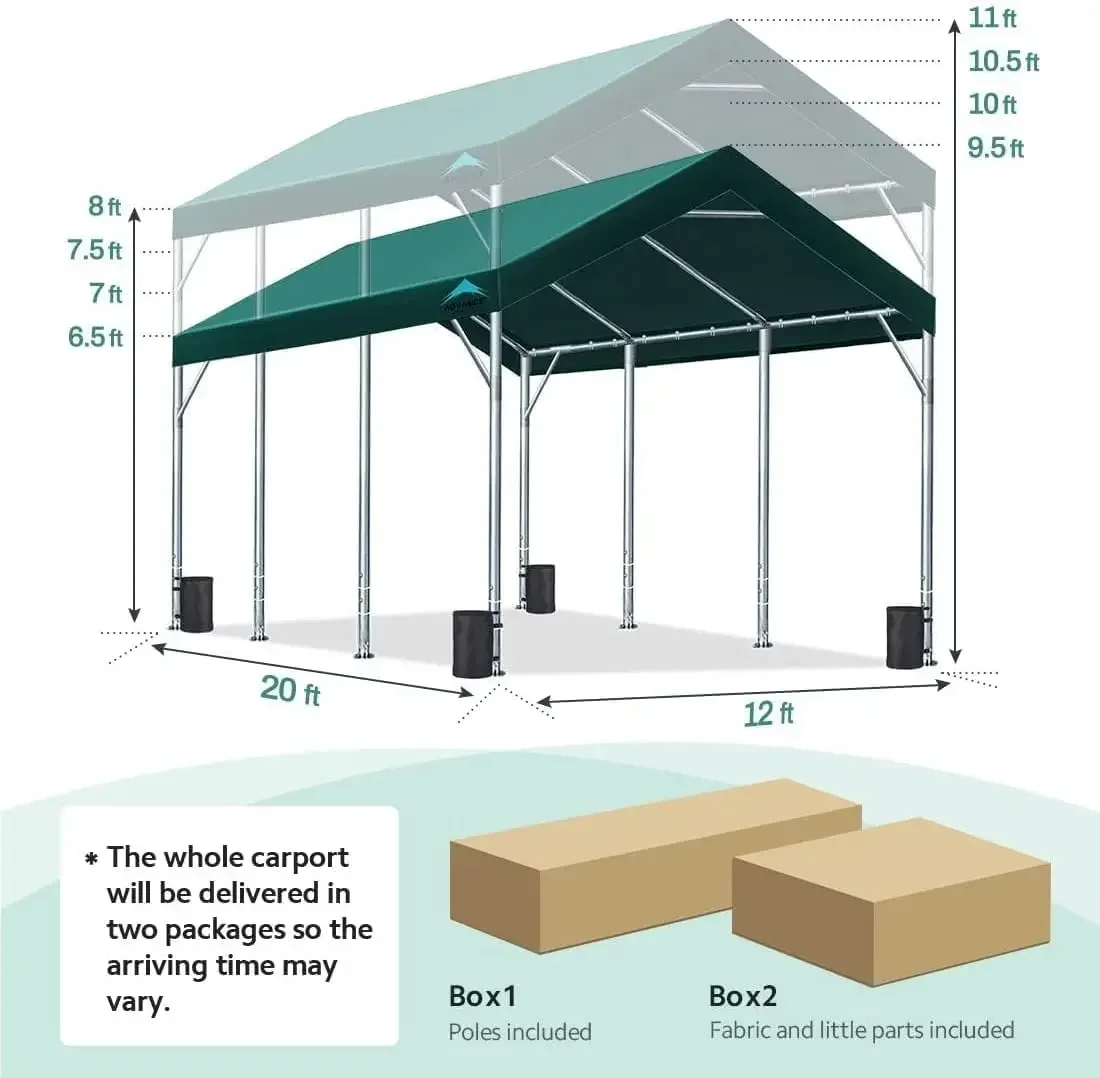 

12x20 ft Canopy Garage Heavy Duty Carport Car Boat Shelter Party Tent, Adjustable Peak Height from 9.5ft to 11ft, Green