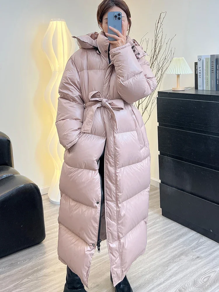 Janveny Women's Down Jacket Women Casual Thick Long Duck Down Puffer Coat Hooded Female Waterproof Parkas With Sashes Outwear