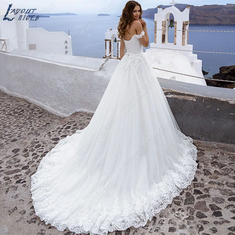 Cách Bố Trí NICEB Người Yêu Áo Cưới Appliques Một Dòng Áo Cưới Lệch Vai Phối Ren Vestidos De Noiva Mariage Công Chúa