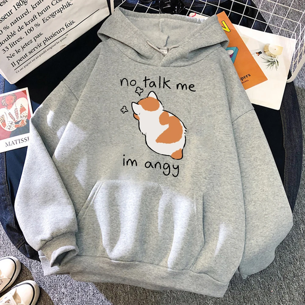 Men Women Hoody No Talk Me Cute Angry Cat Print Hip Hop Soft Sweatshirt Casual Fleece Sweatshirt Oversize Fleece Streetwear