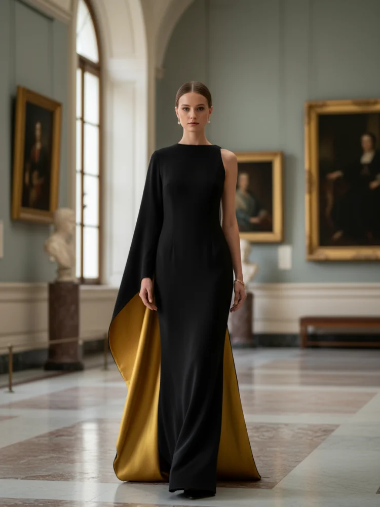 Freeacy Women\'s Asymmetric Cape Dress Ruffled One-sleeve Floor Length Evening Gowns 2026 Stylish Contrast Color Party Dresses