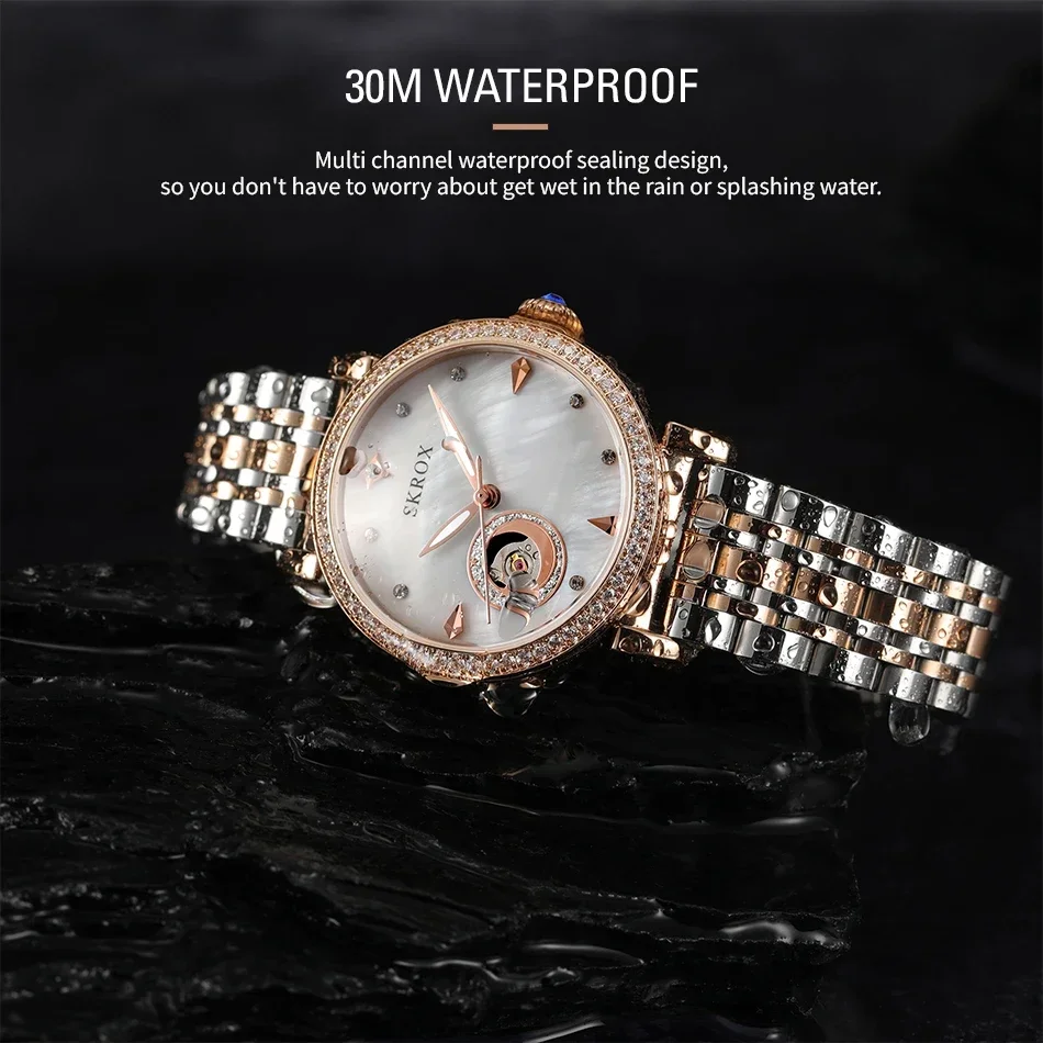 Montre de mariage pour femmes, haut de gamme, luxe, or Rose, diamant, étoiles, mouvement mécanique automatique, montres pour dames, horloge en acier inoxydable