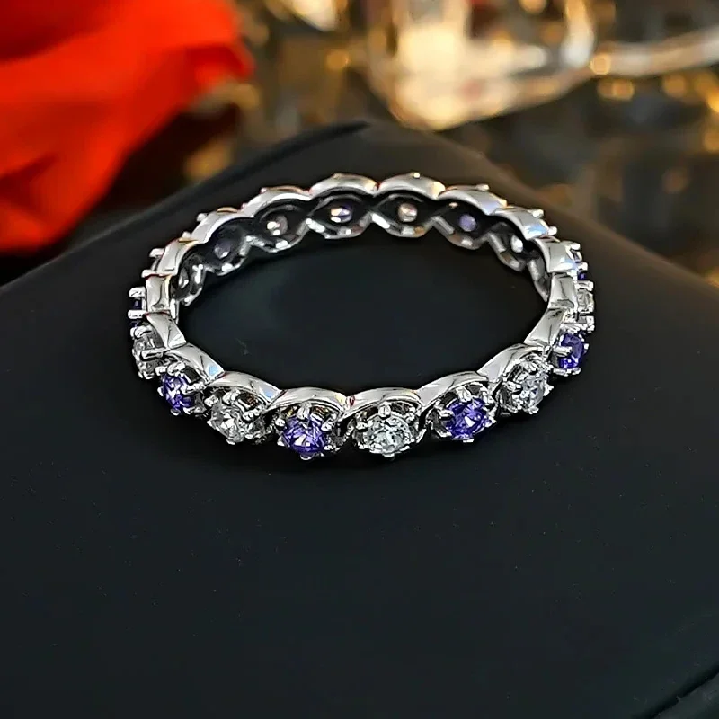 New Violet Full Diamond 925 Silver Row Diamond Ring Set with High Carbon Diamond Stacking, Stylish and Versatile for Women