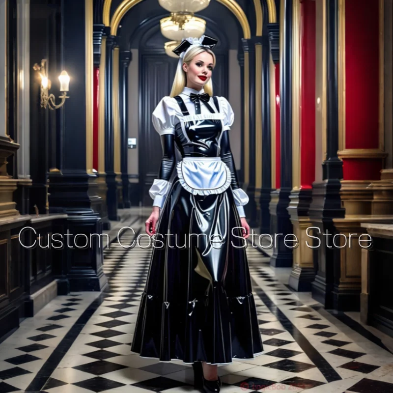 Aangepaste vintage glitter lange Franse avondjurken uniforme jurken rollenspel kostuums meid galajurken nat gevoel PVC meid