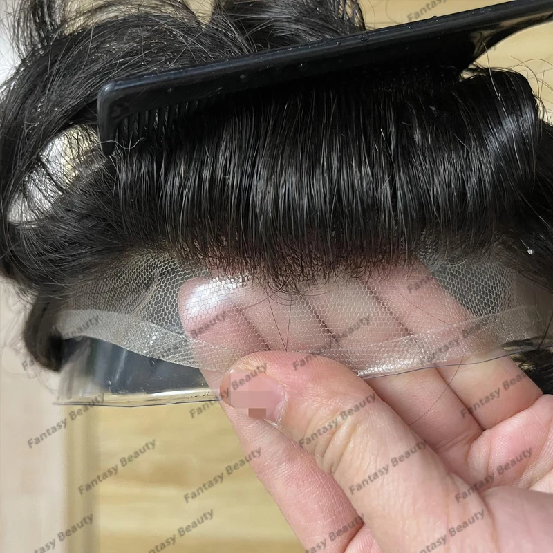 Full Swiss Lace 100% Human Hair Men Toupee Natural Hairline Thin Lace Bleached Knots Black Color Man Wigs Prosthesis System