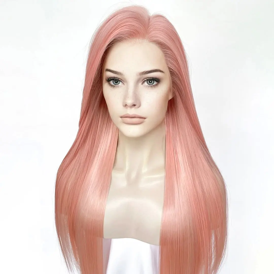 Synthetic Pink Straight 26Inches Transparent Lace Front Wigs for Black Women Glueless  Cosplay Lolita Wigs