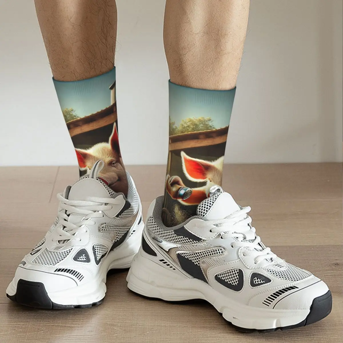 Cooking Pig Cartoon BBQ Scene Socks Harajuku Sweat Absorbing Stockings All Season Long Socks for Unisex Valentine's Day Gifts