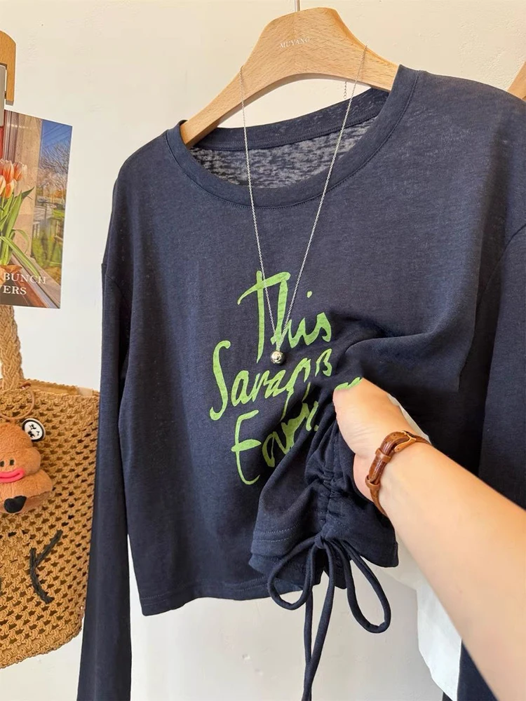 Y2K الرباط التي شيرت المرأة الكورية غطاء للحماية من الشمس إلكتروني طباعة طبقة فضفاضة الصيف