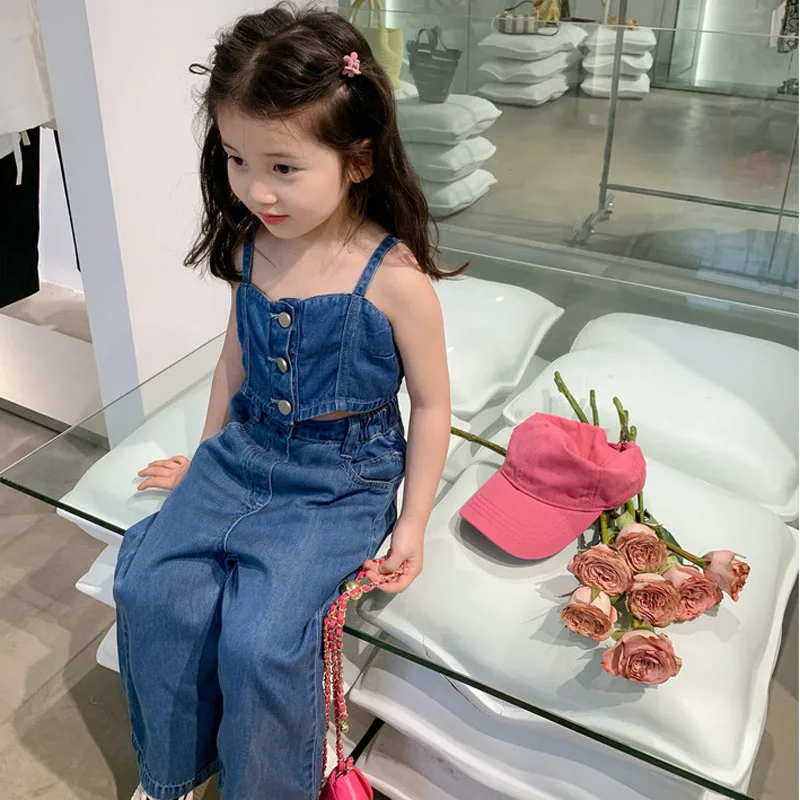 Summer Children Girl Denim Clothing Set 2-7Years Toddler Kids Crop Tops+ High Waist Wide Leg Jeans 2PCS Outfits Fashion Clothes