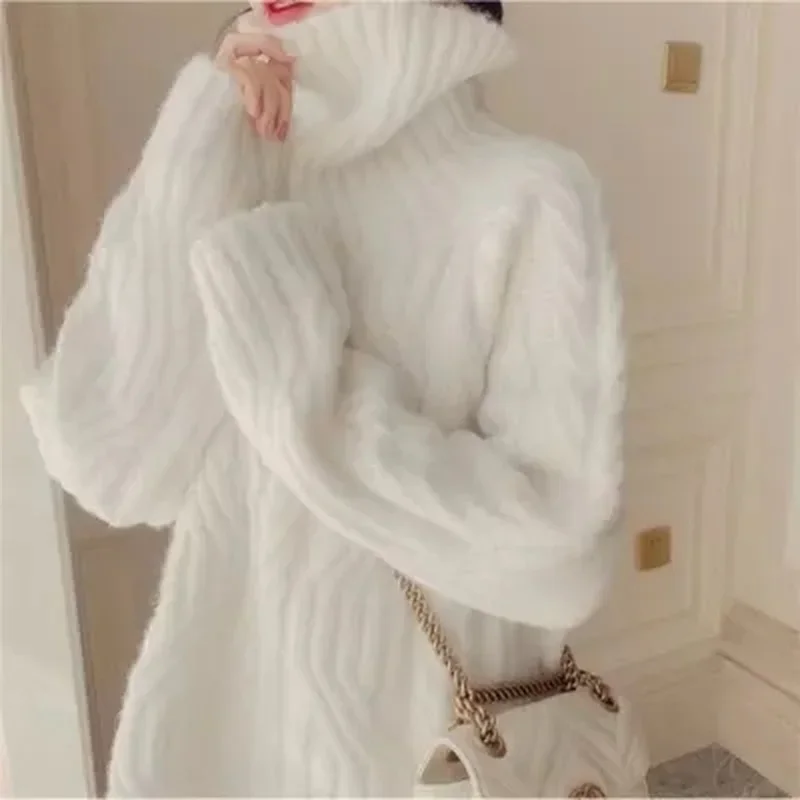 White Turtleneck Sweater Woman Chic Thicken Twist Knitting Pullovers Female Autumn Elegant Blue Warm Woolen Jumpers Winter