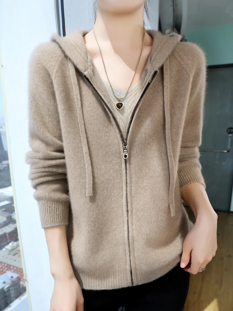 سترة نسائية بقلنسوة من الكشمير سترة خريفية سميكة بأكمام راجلان 100% صوف ميرينو تريكو سحابات ملابس علوية دافئة JJ12