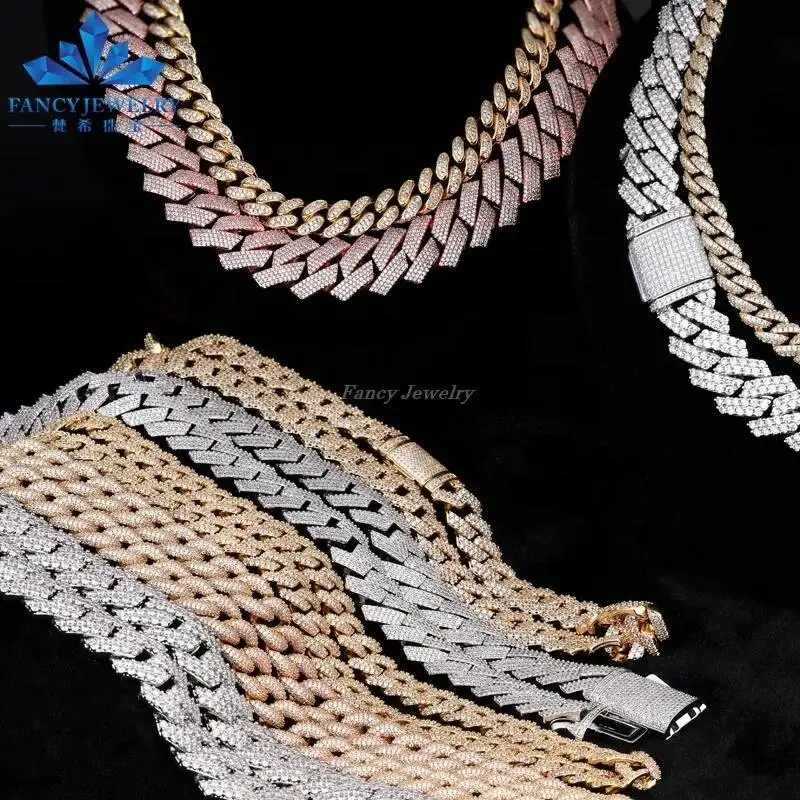 Fashion Pass Diamond Tester GRA Moissanite Diamond 8mm-15mm Wide 2Rows 925 Solid Silver Cuban Link Chain for Rapper Hip Hop Neck