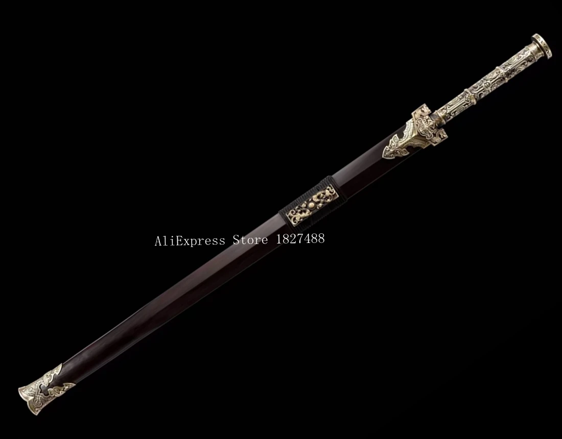 Tradition Handmade Han Dynasty Style Brass Handle Sword Chinese Double Edge Jian Folded Pattern Steel Blade/Ebony Wood Saya