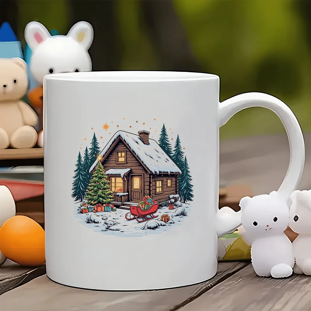 Taza de 11oz, cabaña navideña de dibujos animados, árbol iluminado, caja de regalo colorida, trineo, acogedor regalo de Navidad para niños, familia, oficina, Cof
