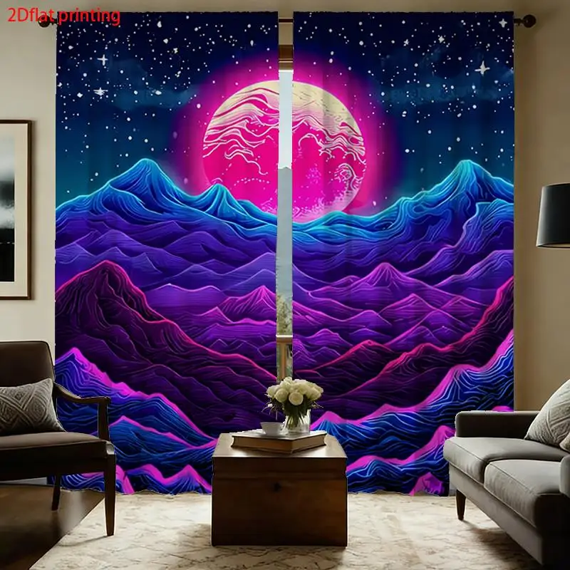 Synthwave Curtains, Neon Mountain & Planet Print Window Drapes, Retro Sci-Fi Bedroom Decor, Blackout Fabric for Gaming Room