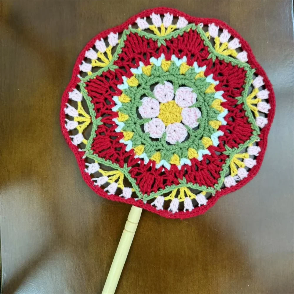 Handmade Wool Crochet Round Fan Summer Weaving Fans Chinese Performance Costume Cosplay Props for Home Decor Wedding Party Gift