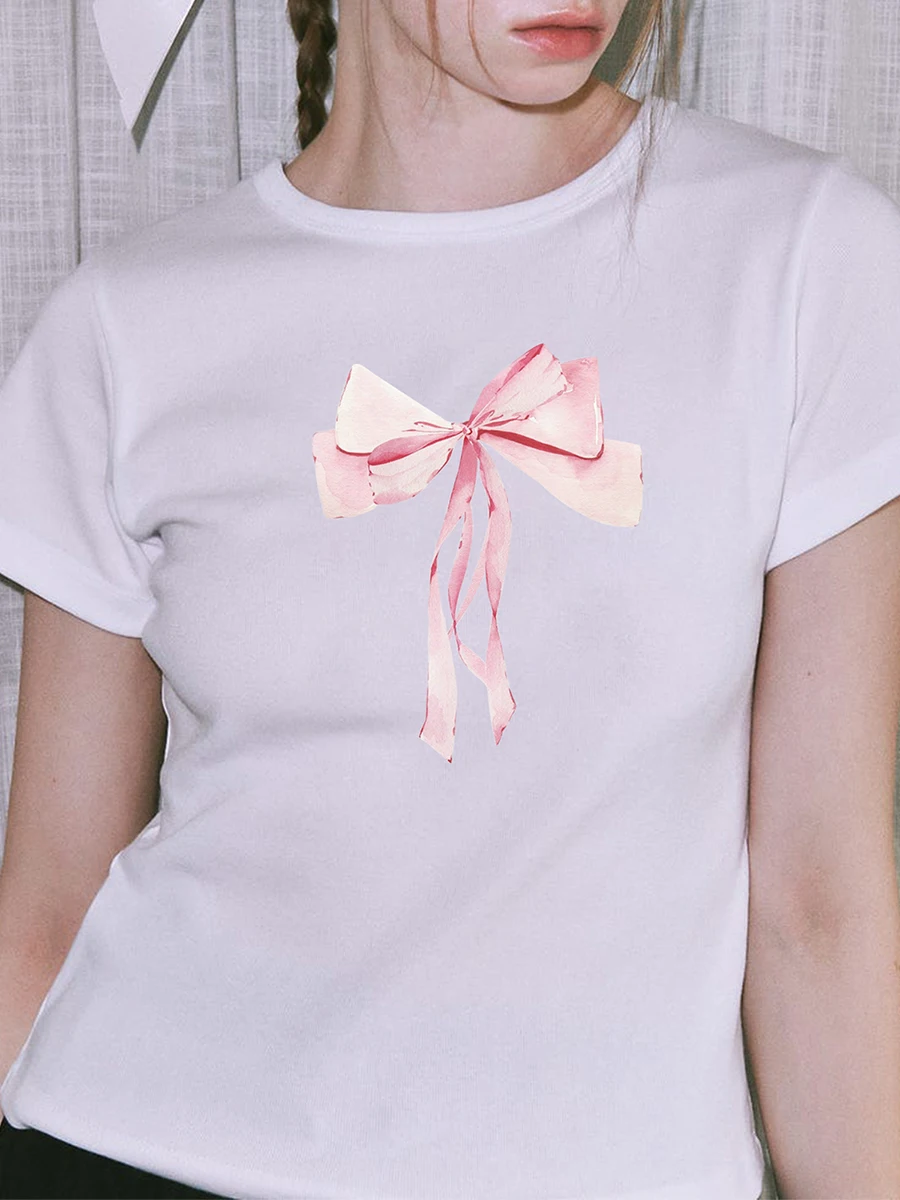 New Fashion Women Summer Casual Tops Short Sleeve Crewneck Bow Print Loose Fit T-Shirt Blouse Club Street Style Hot Sale S-2XL