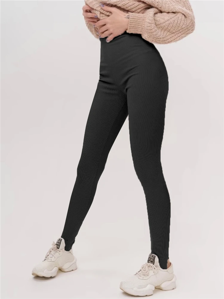 Black Ribbed Knit Leggings Women High Waist Cotton Fitness Basic Pants Casual Spring New All-Match Female Skinny Leggings