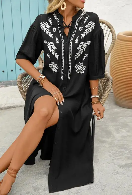 

2026 Summer New Fashion Casual Women's Elegant Sexy Loose Slit Embroidered Five Quarter Sleeve Dress Female Clothing