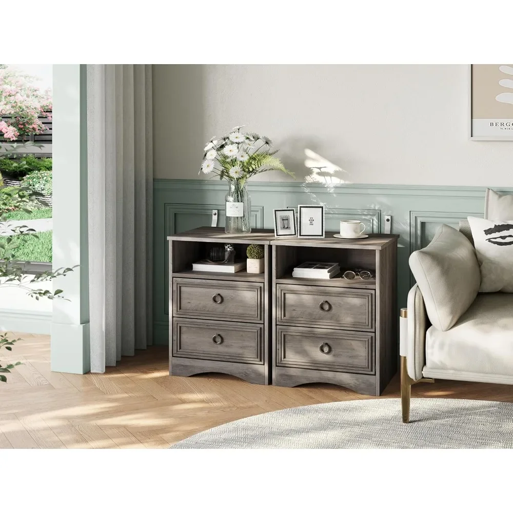 Nightstand Set of 2, Night Stand with Drawers, Accent Bed Side Table and End Table with Open Storage for Bedroom