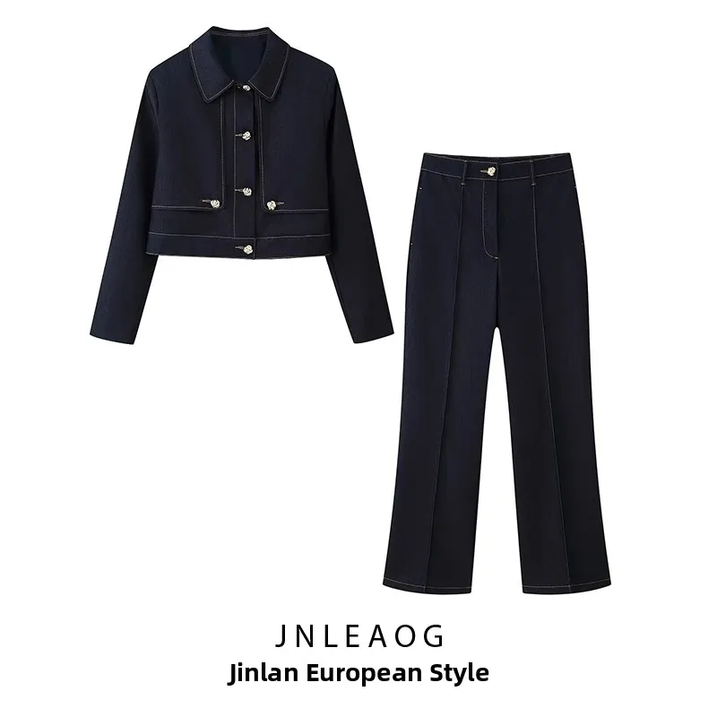 JNLEAOG Autumn New Women's Fashion Set Straight Line Stitching Color Block Short Coat And Long Pants European Style Long Sleeve