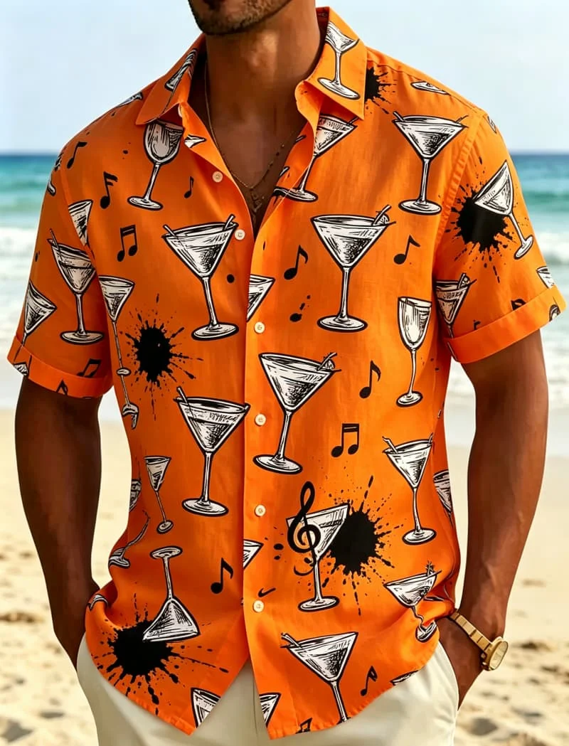 Fashionable Men's Tropical Wine Glass Print Suitable for Summer Wear, Beach Activities, and Versatile Style Shirts