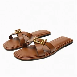 TRAF Cross Buckle Straps Flat Slippers Indoor Summer Women Round Head Open Toe Slipper Leisure Bathroom Brown Shoes For Woman