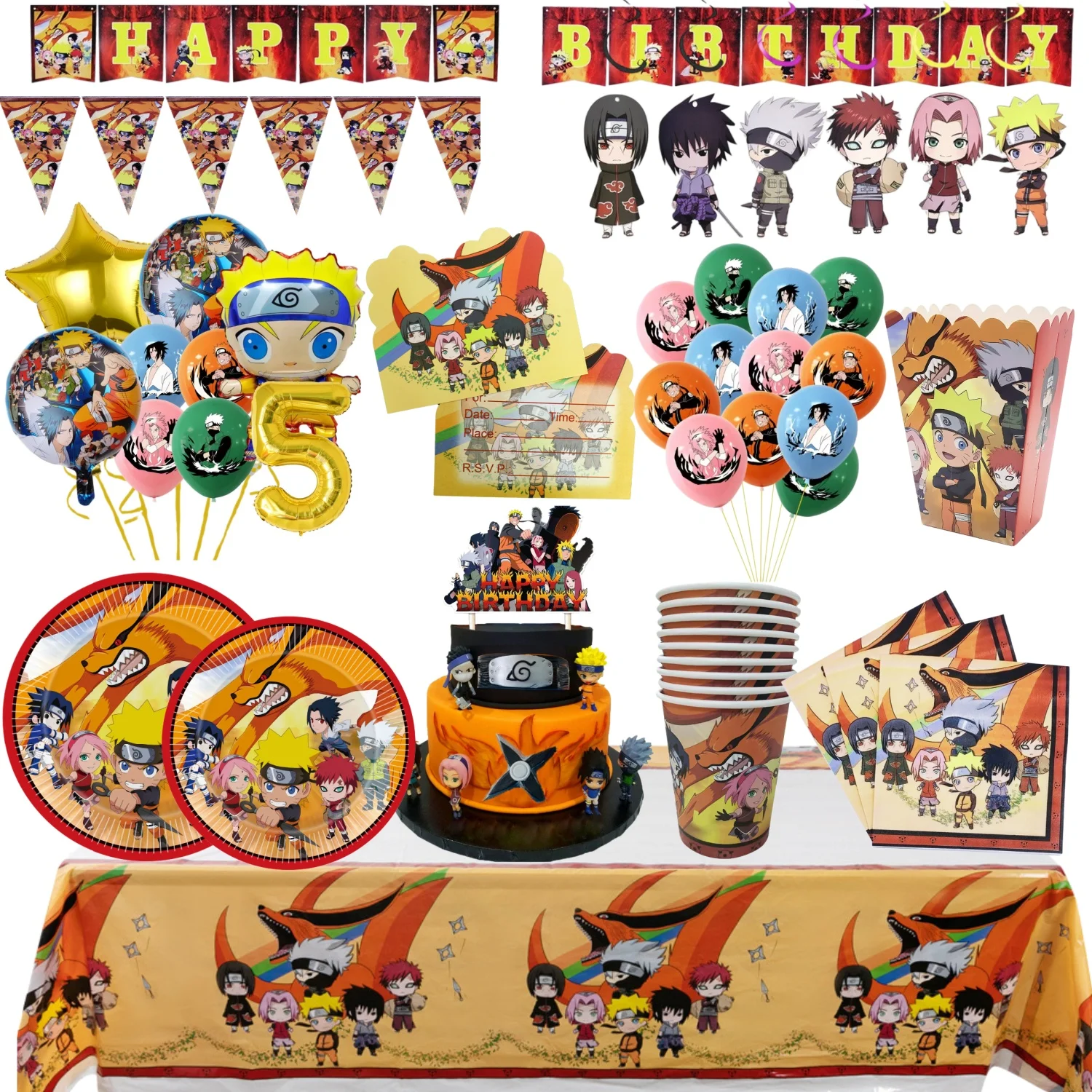Naruto-Spiel Geburtstagsparty Dekorationen Tischzubehör Tischdecke Luftballons Becher Teller Geschenktüten Babyparty Kinder-Party Zubehör