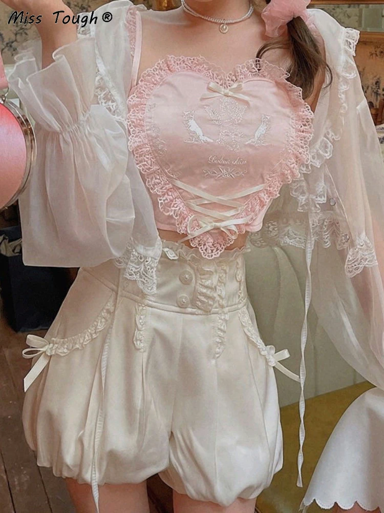 Japoński różowy Lolita słodki Halter topy 2022 koronkowe koreańskie Kawaii śliczne krótkie bluzki damskie nowa letnia plaża Casual Sexy Vintage