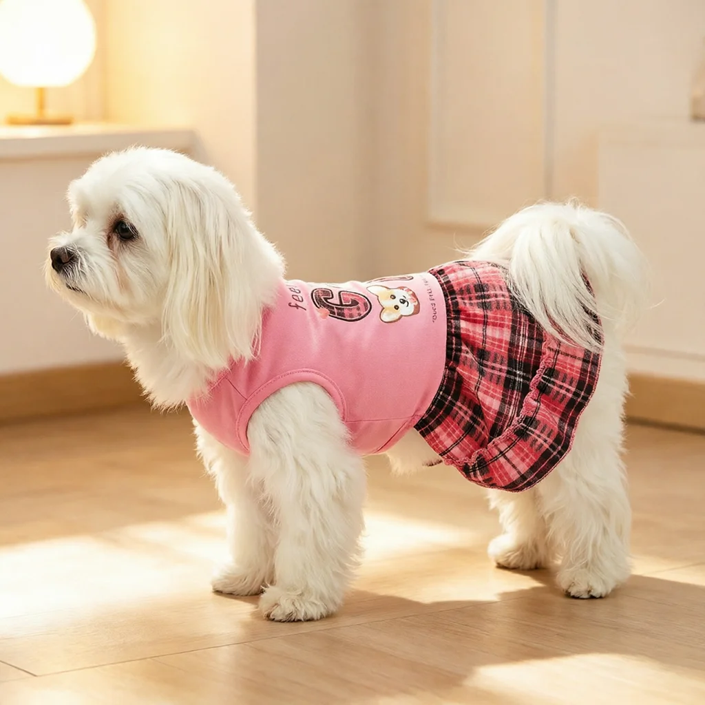 Vestido rosa con falda a cuadros para perros y gatos primavera - imagen 2