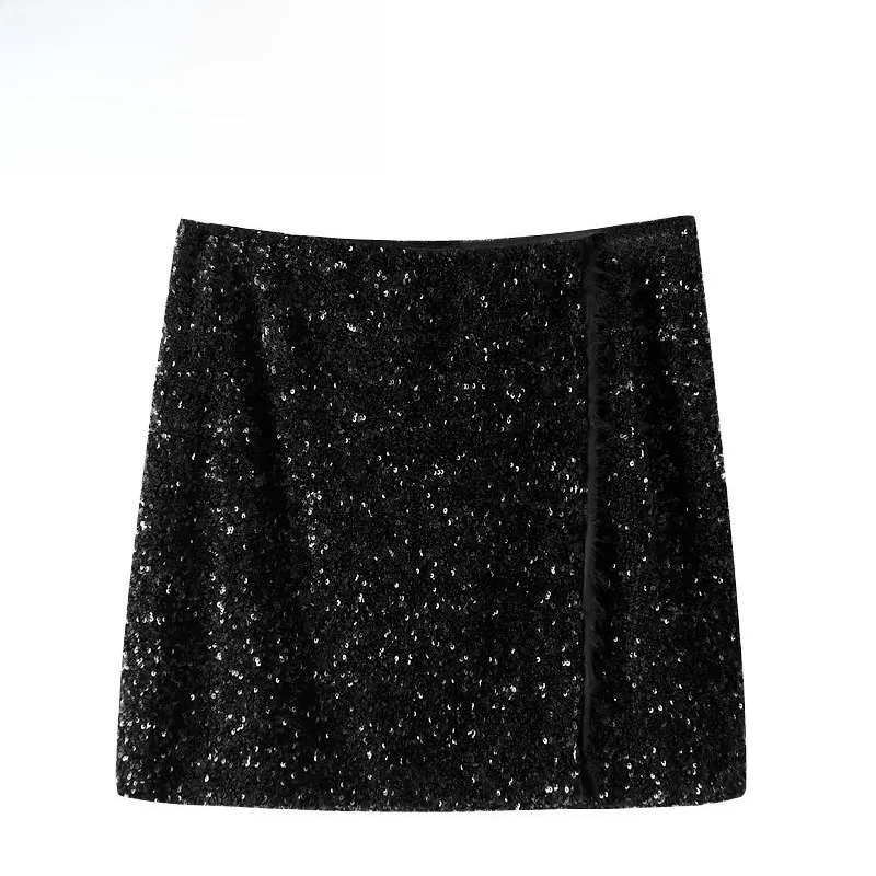 

ZBZA Winter New Faionable Bla Sequin Skirt Street Sle Polyester Fiber ort Skirts for Women Bright Sparkling