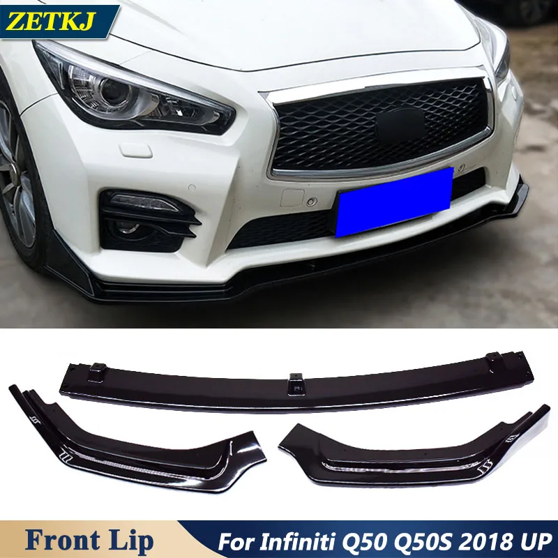 ZETKJ 3 Sections/Set Carbon Fiber & ABS Front Bumper Lip Diffuser Spoiler Trim Car Exterior Decoration For Infiniti Q50 2018 Up