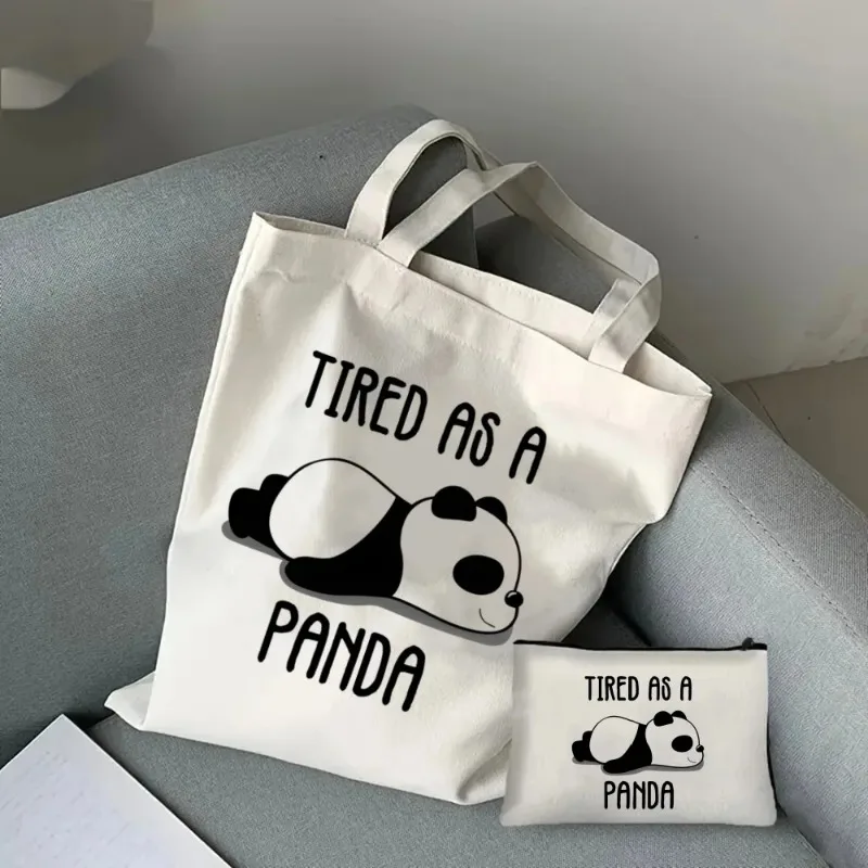 2pcs Cute Panda Casual Ladies Handbag Cosmetic Bag Fashion Shoulder Bag Eco Large Capacity Shopping Bag Cosmetic Storage Bag