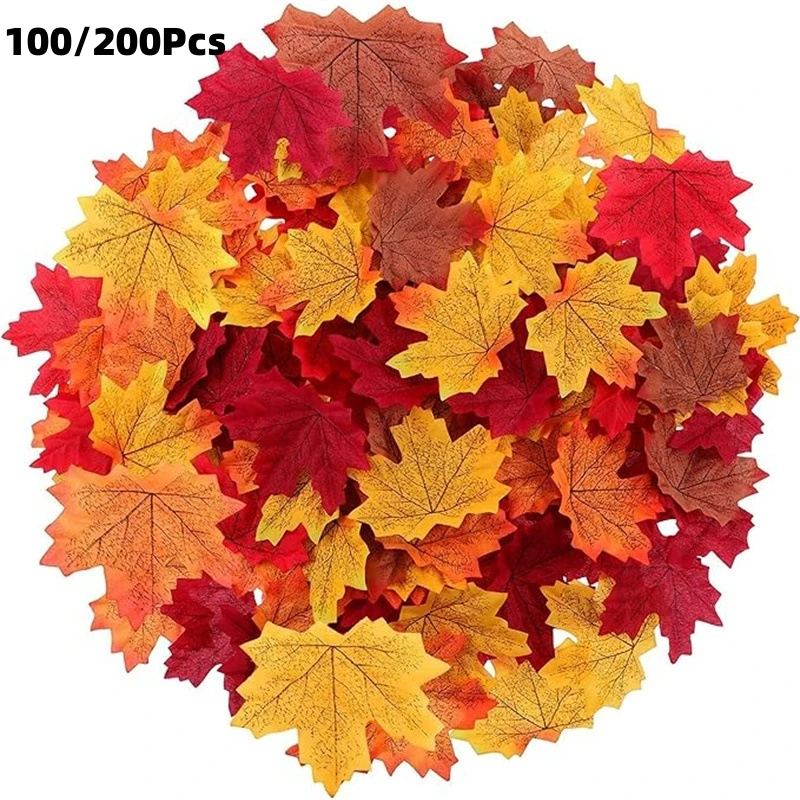 

100/200Pcs Artificial Maple Leaves Autumn Fall Leaf for Thanksgiving Halloween Christmas Home Decoration Wedding Party Decor