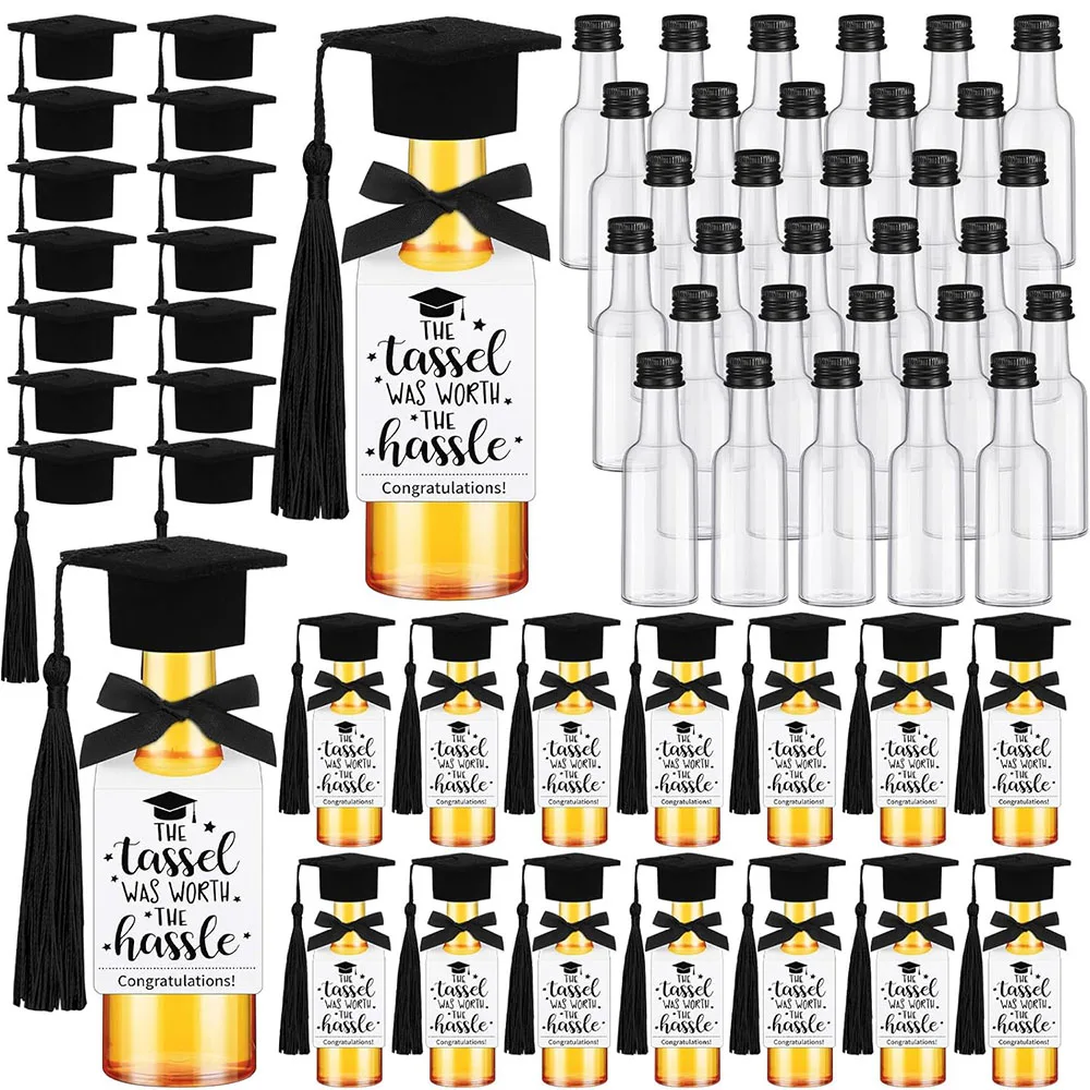 30/50set Mini 2026 Graduation Liquor Bottles Bulk with Mini Grad Caps, Tassels,Bow Label Grad Wine Shot Bottles Graduation Party