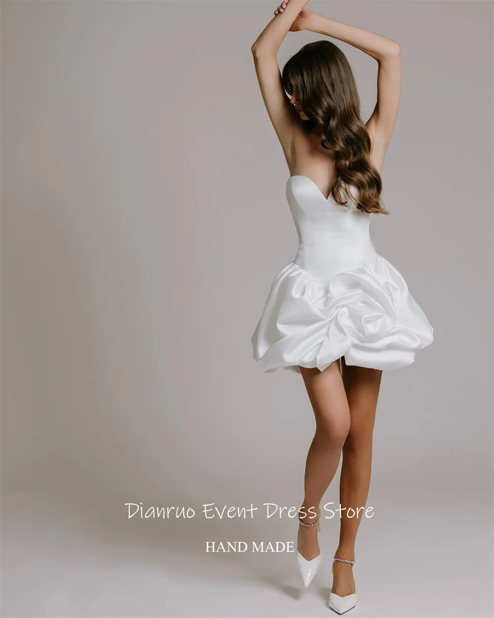 Dianruo 푹신한 연인 웨딩 드레스 짧은 길이 신부 이브닝 드레스 화이트 새틴 우아한 홈 커밍 드레스 맞춤형