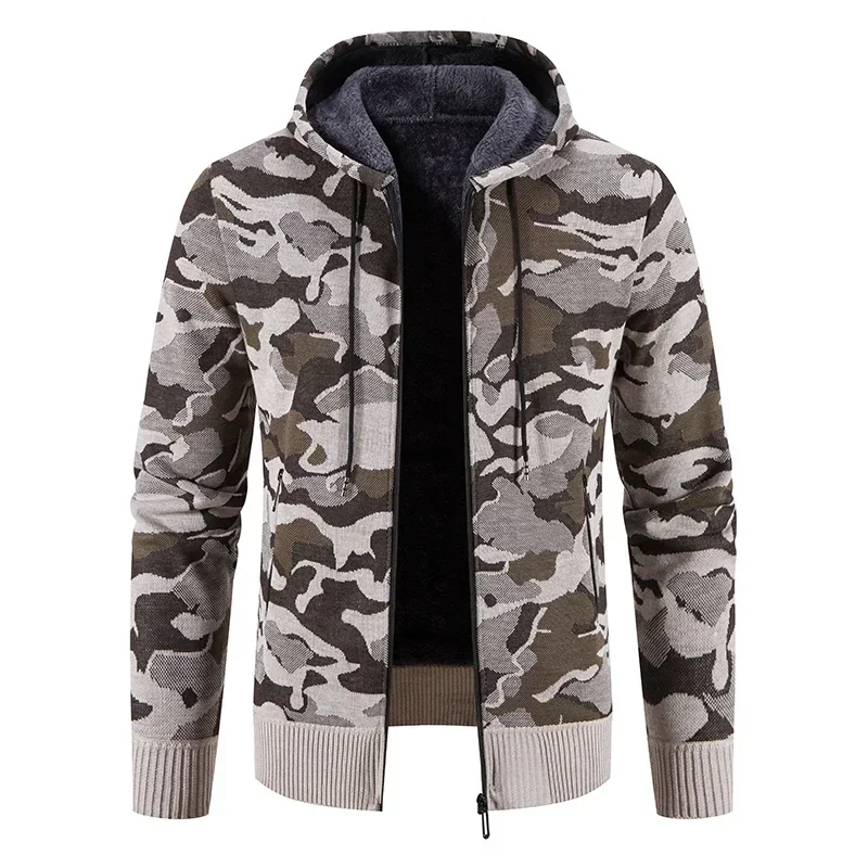 Men's Sweater Coat Camouflage Hooded Cardigan 2024 Winter Fleece Thickened in Winter Knitwear Jacket Zipper Casual Male Clothing