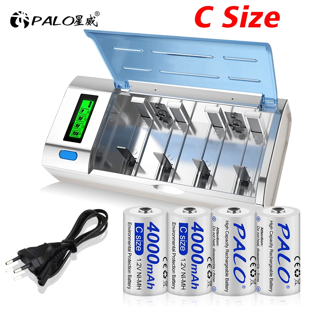 

PALO R14 C Cell battery C size rechargeable battery 4000mAh 1.2V NIMH type C battery+fast charging LCD charger for AA AAA C D 9V