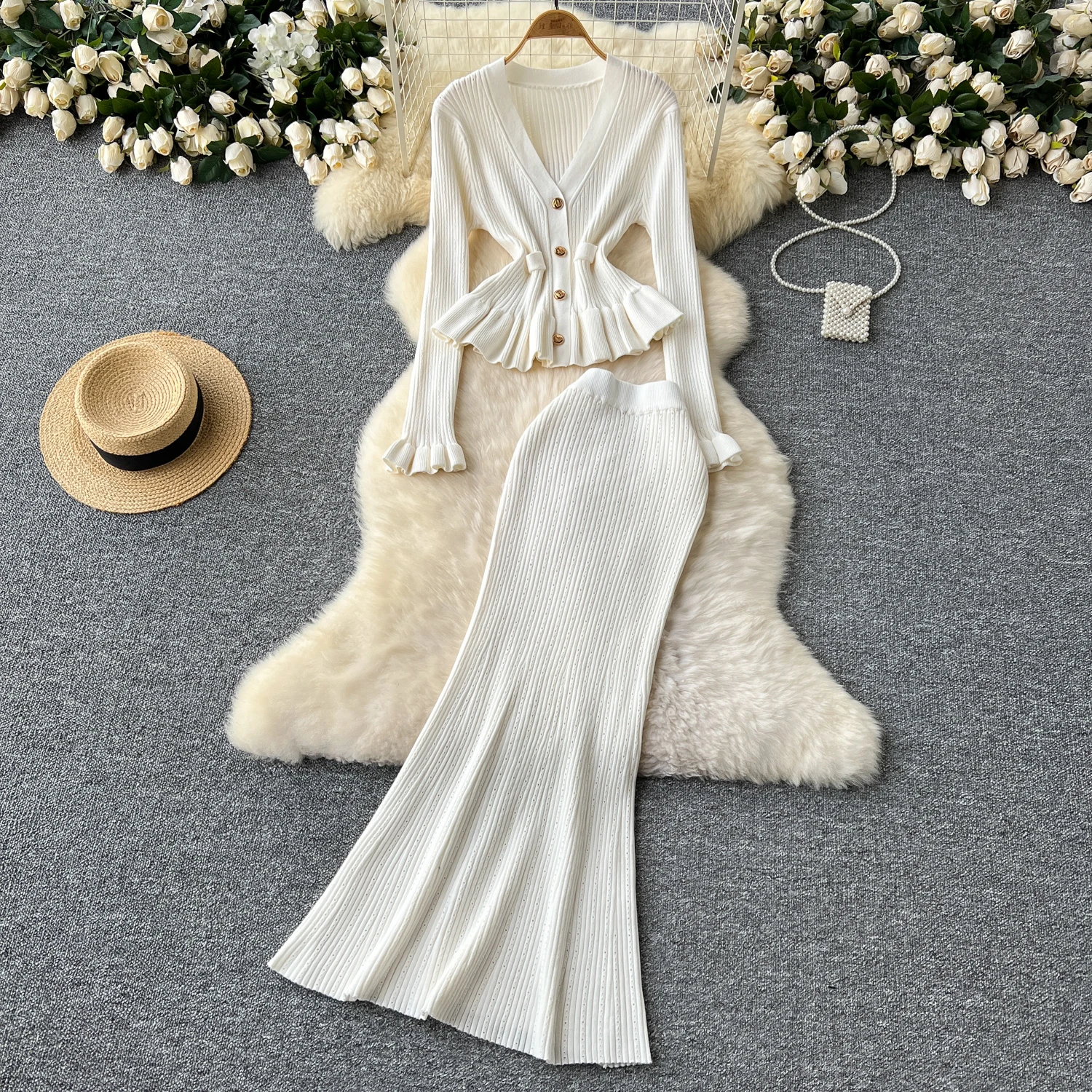 Autumn Elegant Slim Two Pieces Sets Women Single Breasted V-Neck Cardigan High Waist Bodycon Mermaid Skirt Knitted Sets J337