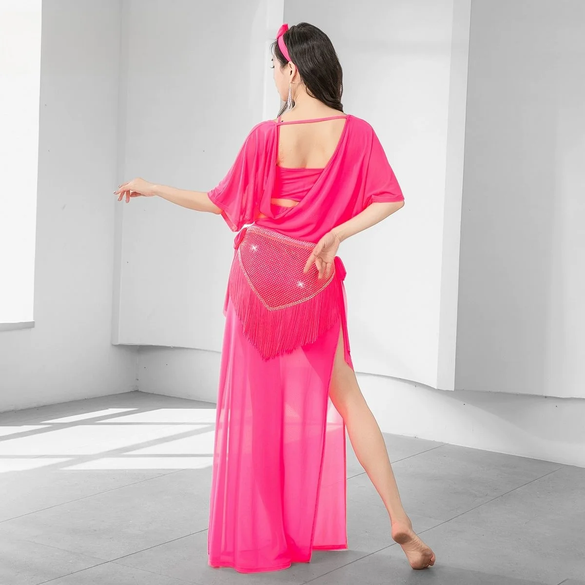 فستان نسائي للرقص الشرقي بلدي مجموعة فستان الرقص الشعبي زي المنافسة أداء شابي رداء مع شرابات حزام مثلث #5