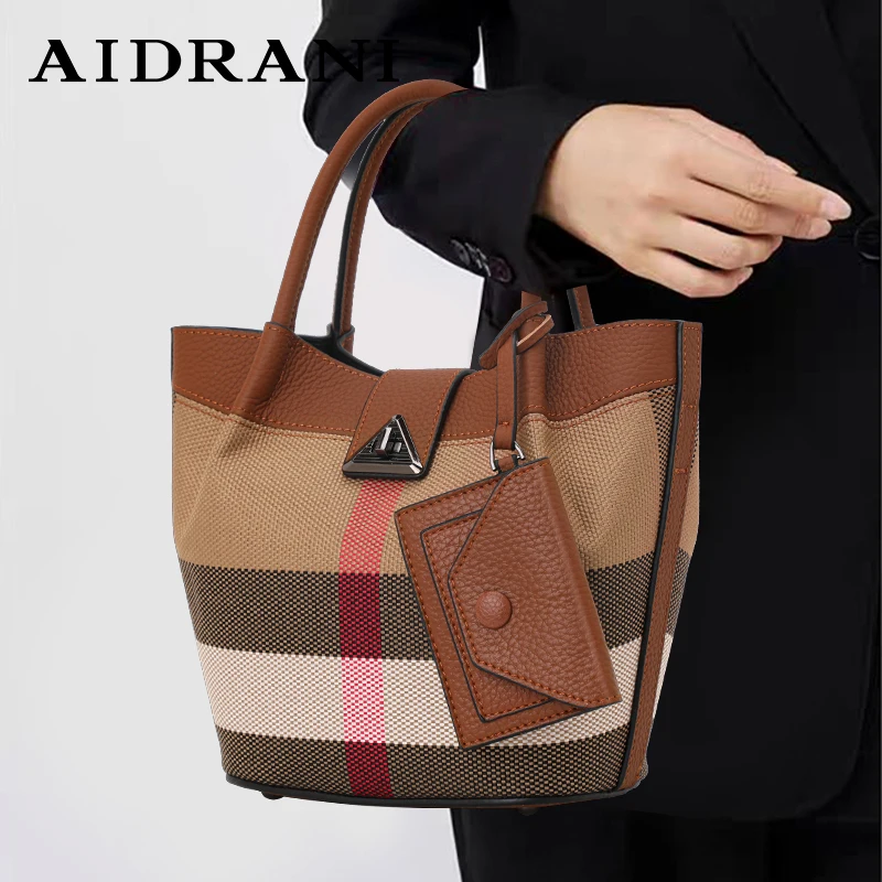 Aidrani Genuine leather canvas bag plaid pattern women's handbag fashion design cowhide bag basket shaped brown color