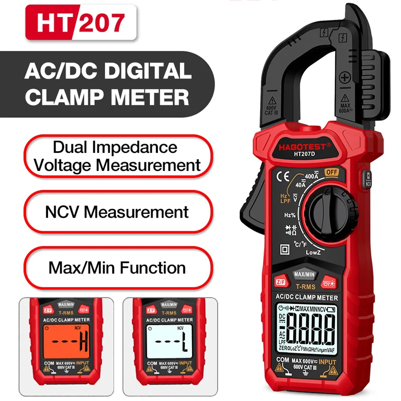 HT207 AC DC Digital Clamp Meter 600V 400A True RMS NCV Voltage Current Meter Measures Voltage Capacitance Temperature Ohm Tester